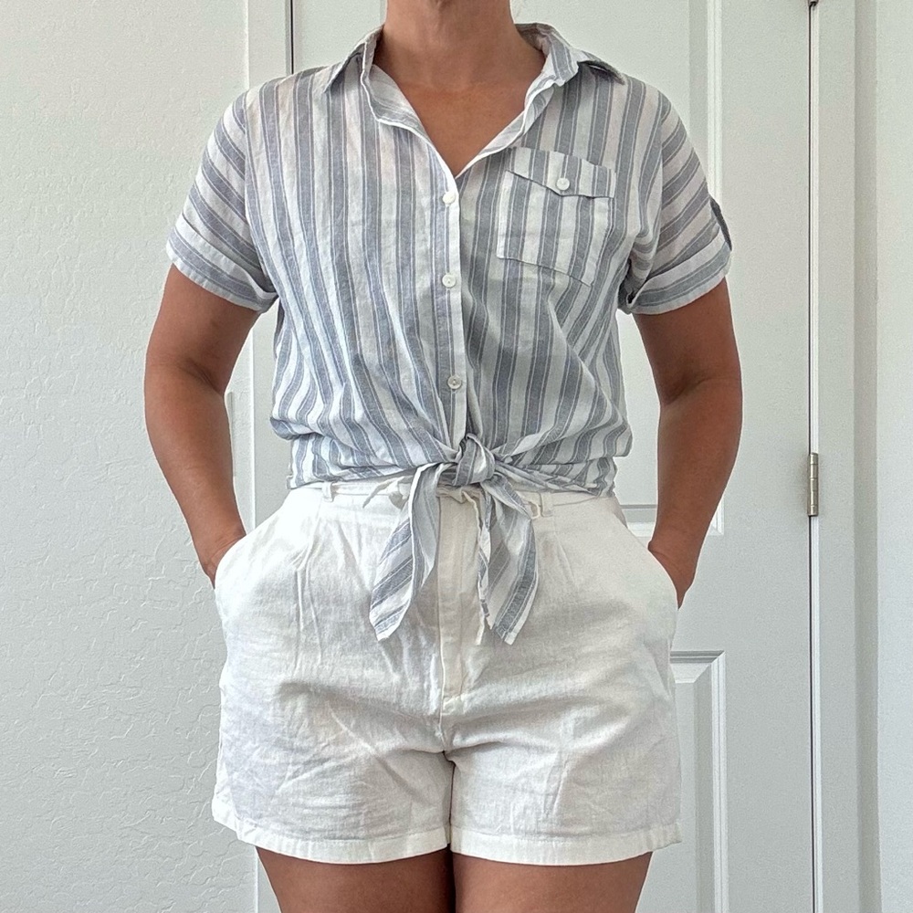Love Notes Cotton Blue & White Striped Button Down Crop Tie Shirt